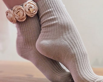 Dark Vanilla short cashmere socks with fabric blossoms. Wedding socks, a gift for a friend. Special hand-finished socks for special lady.