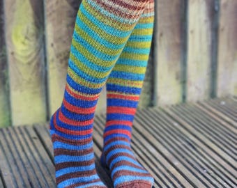 Handknit Merino Wool Knee High Socks: Striped Jewel Tones