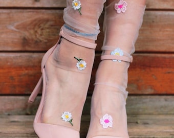 white ROSES LACE Socks - Silky Dress Up Mesh Socks - Gothic Lace Socks Raw Edge Bridal Socks Floral Summer Socks for heels - Retro Wedding