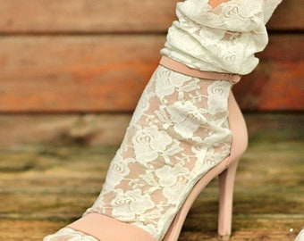 White Goth Bridal White ROSES LACE Socks - Dress Up Mesh Socks - Lace Socks Raw Edge Bridal Socks Floral Summer Socks for a Retro Wedding