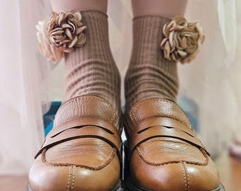 Caramel brown short cashmere socks with fabric blossoms. Wedding socks, a gift for a friend. Special hand-finished socks for special lady.