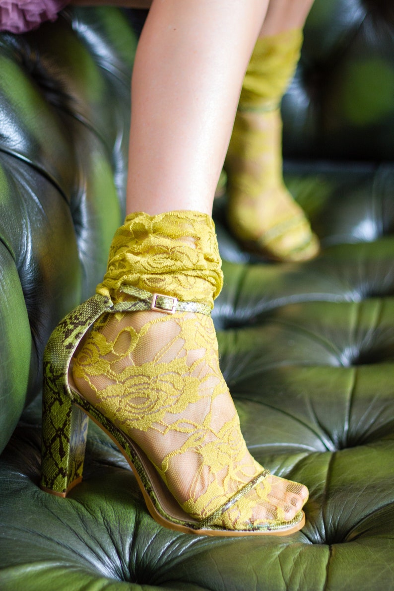 50s Retro Summer Socks for Heels or Sandals CHARTREUSE Green Slouchy Ankle Socks in Stretch Lace Wedding or Prom Socks Plus Size