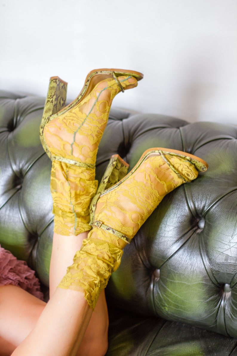50s Retro Summer Socks for Heels or Sandals CHARTREUSE Green Slouchy Ankle Socks in Stretch Lace Wedding or Prom Socks Plus Size