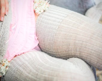 Creamy Oatmeal Handmade Comfy Warm Unisex Thigh High Socks, Beige Alpaca Wool Knitted, Plus Size Cozy Festival Winter