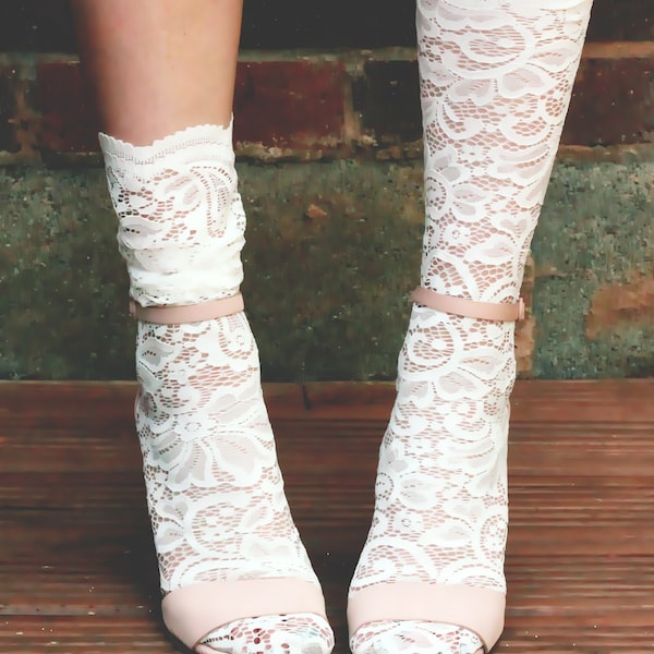 Gothic Winter White ROSES LACE Socks, Dress Up Mesh Socks s Raw Edge for Heels and Trainers Floral Summer Wedding Socks for Retro Bride