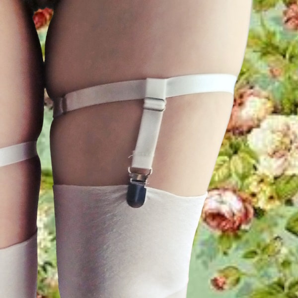 WHITE Elastic Clip Garters for Thunder Thigh High Socks, Crocodile Clips Elastic Stocking Suspenders, Garters that really work, PLUS sizes