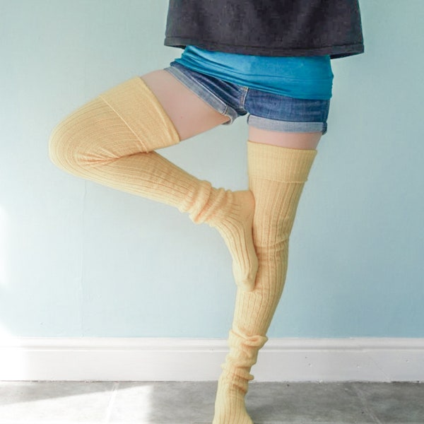 Light LEMON Yellow Thigh High VEGAN Blend Socks  Extra Long Unisex Knee Socks better than leg warmers - Pastel Colour - Plus sizes available