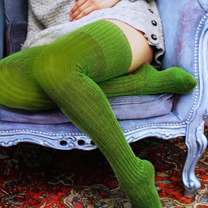 Dark CHARTUESE Green Thigh High PLUS SIZE Socks in Vegan Acrylic yarn, Over-the Knee Unisex Socks in vintage pattern, for tall and big legs