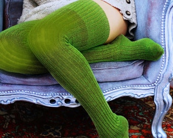 Dark CHARTUESE Green Thigh High PLUS SIZE Socks in Vegan Acrylic yarn, Over-the Knee Unisex Socks in vintage pattern, for tall and big legs