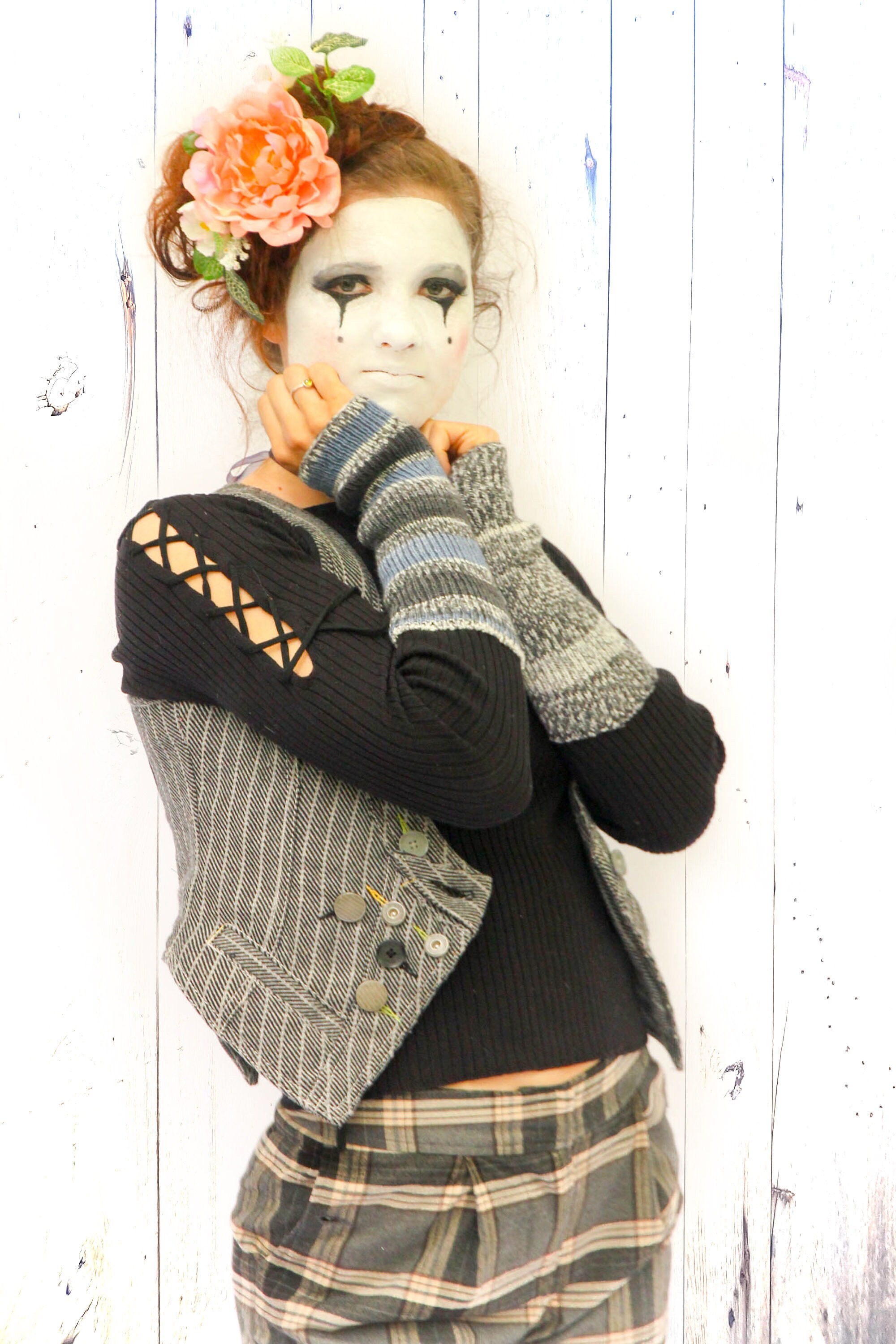 Image of Black Ribbed Henley With Striped Blue Knitted Cuffs - Boho Long Sleeve Poly Mix Top Mismatched Wrist Warmer Casual Fashion