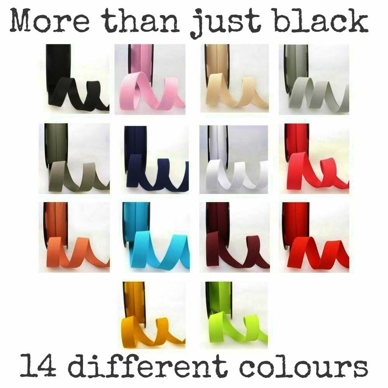 K&ouml;nnte beinhalten: Eine Sammlung von 14 verschiedenen Farben gewebten elastischen Gurtbands. Die Farben umfassen Schwarz, Rosa, Beige, Grau, Gr&uuml;n, Marineblau, Wei&szlig;, Rot, Orange, T&uuml;rkis, Burgunderrot, Gelb und Limettengr&uuml;n. Mehr als nur Schwarz, 14 verschiedene Farben.