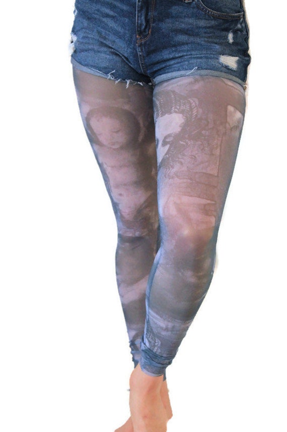 Blue-grey Lace Leggings High Waist 