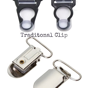 May include: Two types of suspender clips. The first is a traditional black plastic clip with a clear plastic insert. The second is a silver metal crocodile clip.