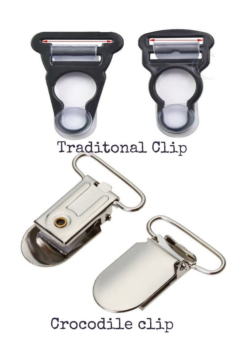 May include: Two types of suspender clips. The first is a traditional black plastic clip with a clear plastic insert. The second is a silver metal crocodile clip.