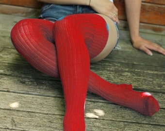 Post Box Red Thigh High PLUS SIZE Socks in Vegan Acrylic yarn, Over-the Knee Unisex Socks in vintage pattern, for tall and big legs