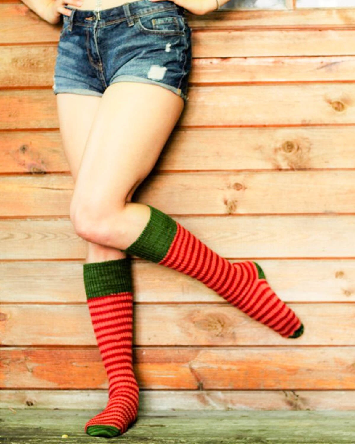 Striped RED Knee Socks HAND DYED Red 