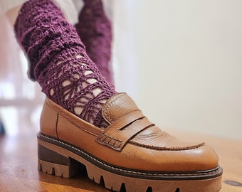 Deep AUBERGINE purple socks hand crochet by me. Inspired by Japanese style socks. One of a kind. Merino wool.