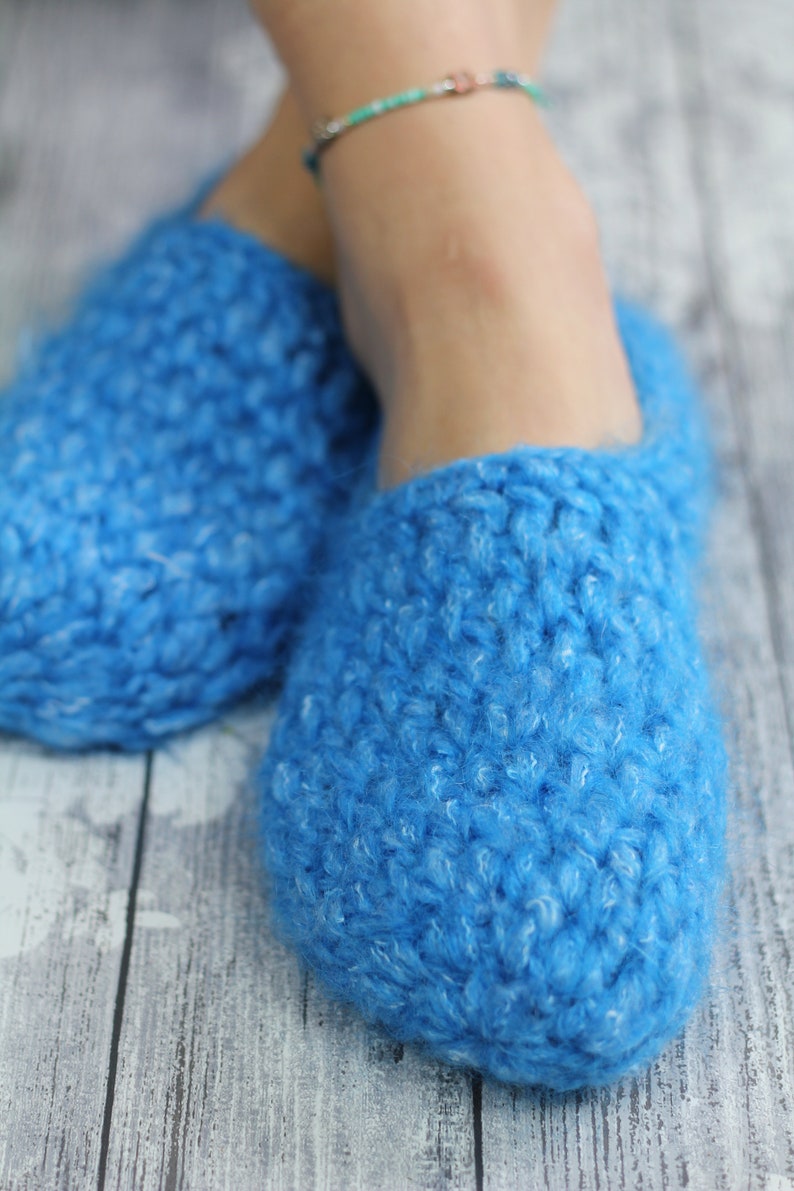 fashioned comfort Sky BLUE Hand knitted WOOL and MOHAIR House shoes slippers unisex bed socks for old