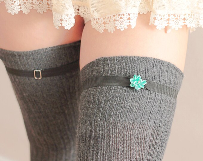 BLACK Elastic Clip Garters for THIGH High Socks Crocodile Clips Elastic