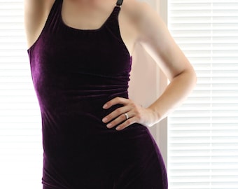 Handmade Royal Purple Stretch Velvet  Bodysuit – Gothic Dancewear, Stretch Fit UK 10–16