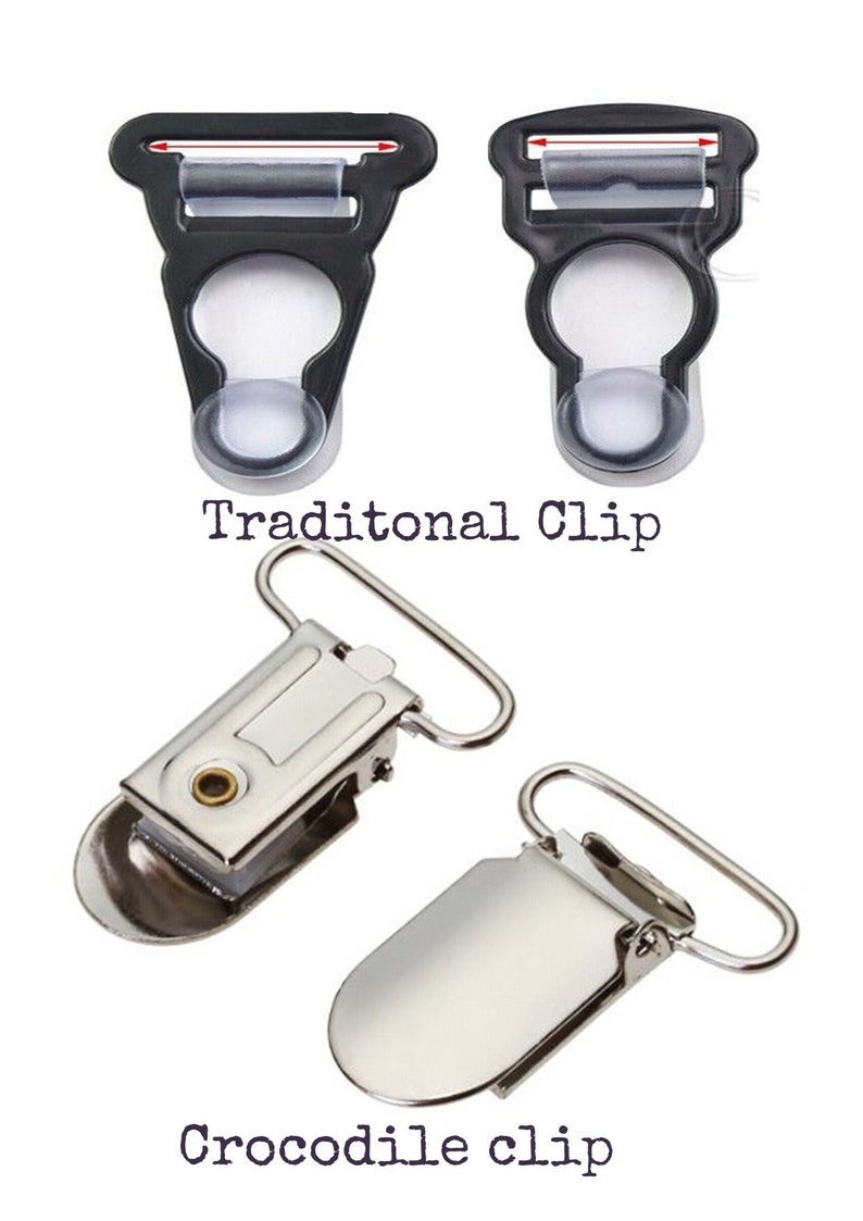K&ouml;nnte beinhalten: Zwei Arten von Hosentr&auml;ger-Clips. Der erste ist ein traditioneller schwarzer Plastikclip mit einem transparenten Plastikeinsatz. Der zweite ist ein silberner Metall-Krokodilclip.