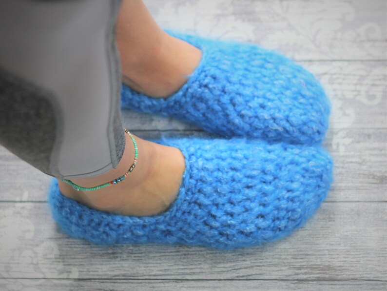 fashioned comfort Sky BLUE Hand knitted WOOL and MOHAIR House shoes slippers unisex bed socks for old