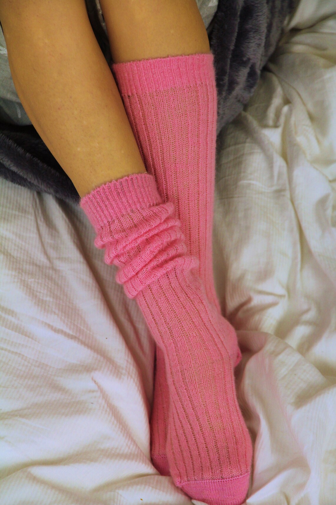 Soft Baby PINK Bed Socks Silk/mohair Fluffy Handmade Knee Etsy UK