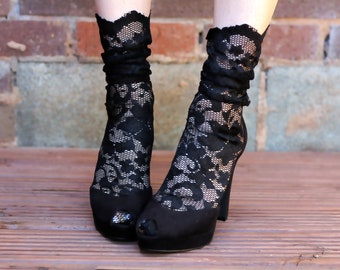 Elegant Goth BLACK TULLE lace socks with ROSES and Vines -  Sheer French Tulle Ankle Socks with raw edge - Edgy Valentines Gift Set Box