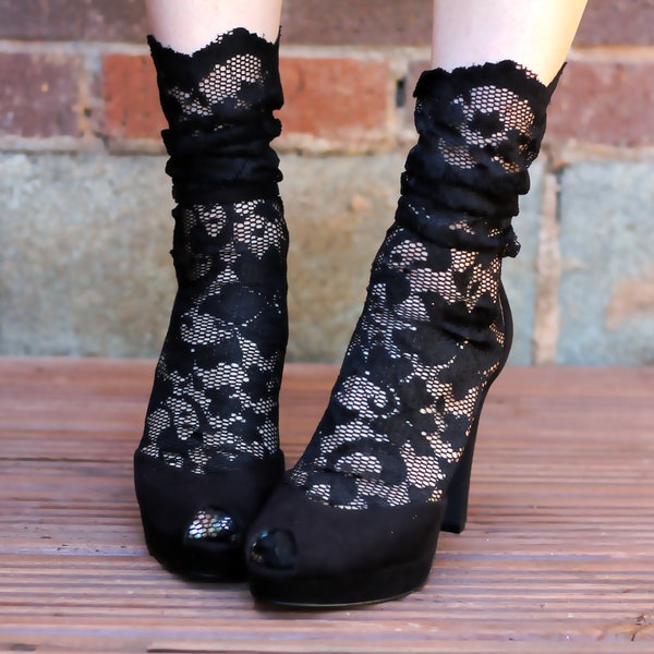 Elegant Goth BLACK TULLE lace socks with ROSES and Vines -  Sheer French Tulle Ankle Socks with raw edge - Edgy Valentines Gift Set Box