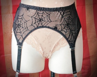 Falda de liga de tul negro hecha a mano con telaraña y arañas brillantes para gótico y Halloween.