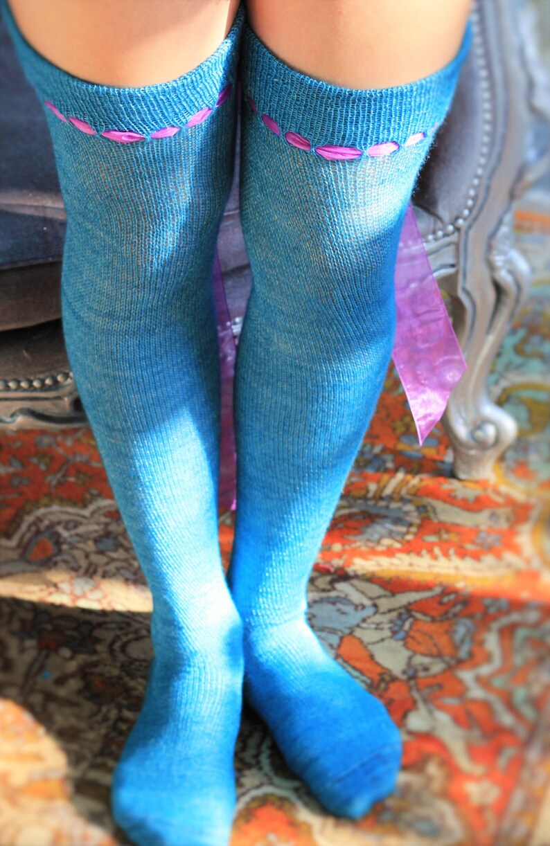 Light Teal BLUE Silk & Alpaca Thigh High Stockings with