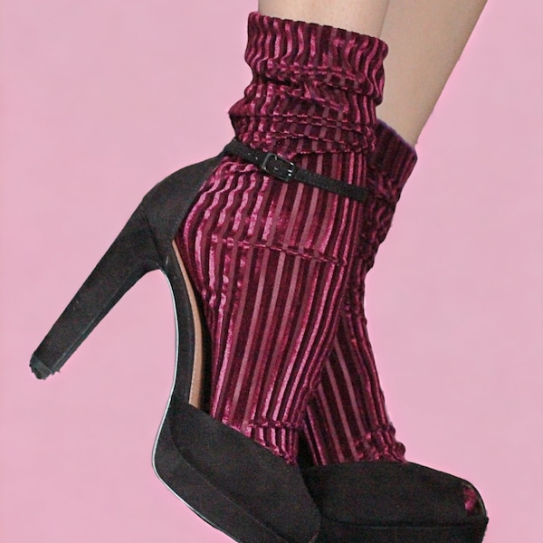 MAROON striped VELVET Ankle Socks - Retro Velvet Dress Socks for heels or ankle boots - Vintage Wedding Socks - 1950s Summer Socks