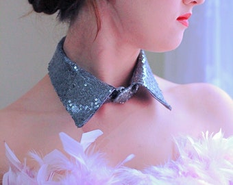 Dark Grey Sparkly Dress Up Collar - Detachable SEQUIN COLLAR necklace neck tie with any outfit  - Pastel punk or carnival master / mistress