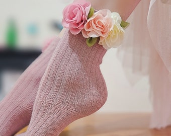 Light soft Rose short cashmere socks with fabric blossoms. Wedding socks a gift for a friend. Special hand-finished socks for special lady