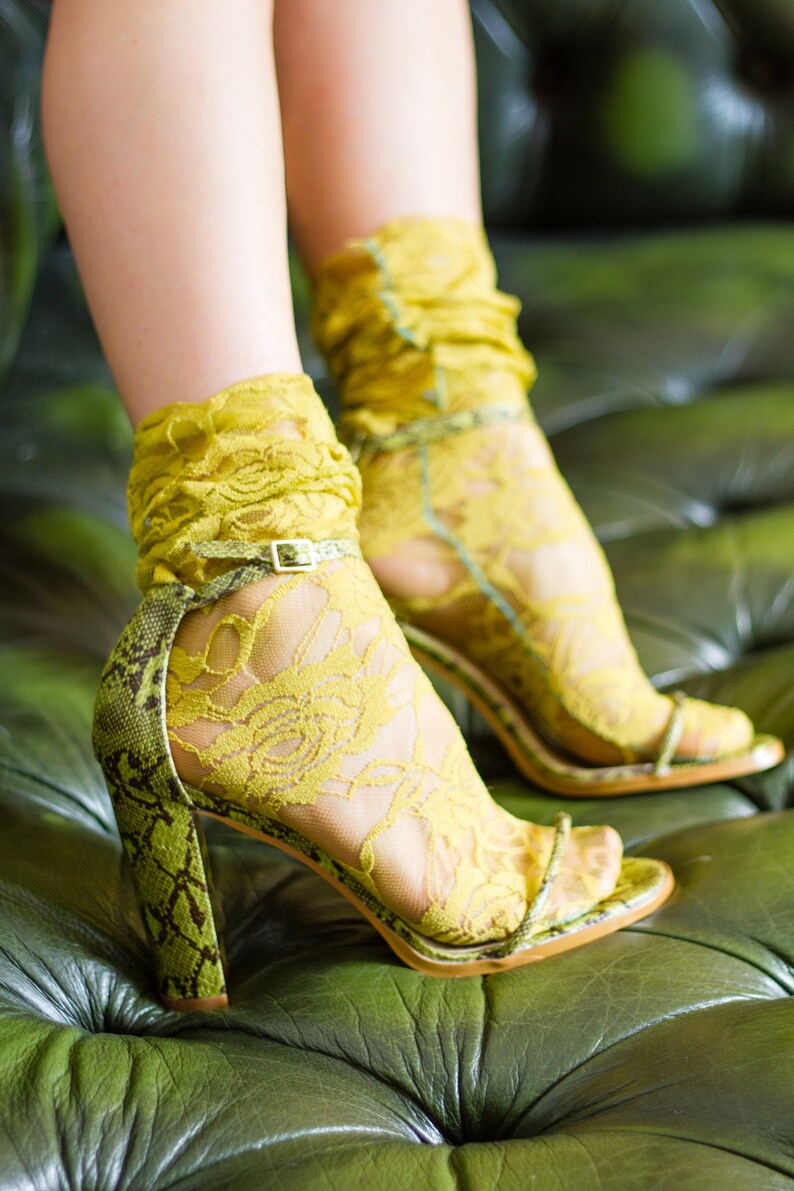 50s Retro Summer Socks for Heels or Sandals CHARTREUSE Green Slouchy Ankle Socks in Stretch Lace Wedding or Prom Socks Plus Size