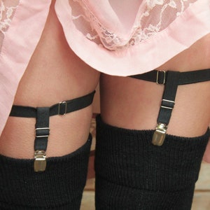 BLACK Elastic Clip Garters for Thunder Thigh High Socks, Crocodile Clips Elastic Stocking Suspenders, Garters that really work, PLUS sizes