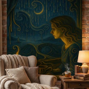 Regenverlichte reflecties, Dali-stijl surrealistische regenachtige nacht afdrukbare muurkunst digitale download