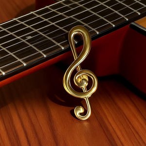 Può includere: Chitarra acustica con una chiave di violino dorata appoggiata sulla tastiera. La chitarra ha una finitura in legno naturale con corde nere e una buca. Un tessuto a maglia color crema è in primo piano, su una superficie di legno.