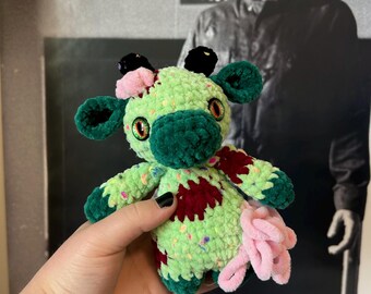 Zombie Cow Plush/// ready to ship/// Handmade Crochet Amigurumi Halloween Zombie Cow Stuffed Animal