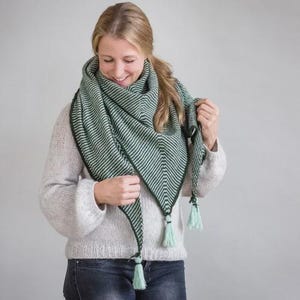 May include: A green and white striped shawl with a dark green border and tassels. The shawl is wrapped around the neck and shoulders. The tassels are a light green color.
