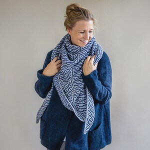 Könnte beinhalten: Ein blau-weiß gemusterter Schal ist um die Schultern drapiert. Der Schal hat ein sich wiederholendes blattartiges Design. Die Person trägt eine dunkelblaue Strickjacke. Der Hintergrund ist in einem neutralen Beige gehalten.