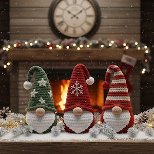 Haakpatroon kerstkabouters pdf | Feestelijke kerstkabouters met kerstman, elf en strepen | Zelfstudie amigurumi-kabouters