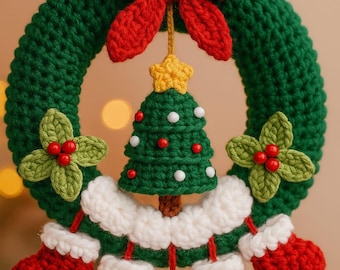 Christmas Santa Wreath Crochet Pattern PDF | Amigurumi Wreath | Holiday Door & Wall Decor