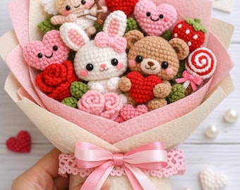Mini Amigurumi Bouquet Crochet Pattern | Valentine Bunny & Teddy Gift | Crochet Flower Bouquet PDF