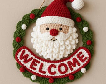 Crochet Santa Welcome Sign Pattern PDF | Christmas Door Hanger | Beginner Holiday Home Decor
