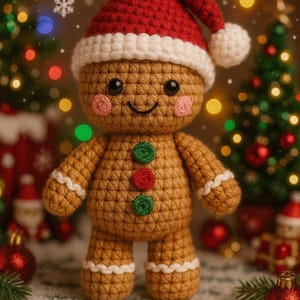 Op de afbeelding: Een gehaakte peperkoekenman pop met een rode kerstmuts met witte rand en pompon. De pop heeft een lachend gezicht, roze wangen en drie knopen. Kerstboom en ornamenten op de achtergrond.
