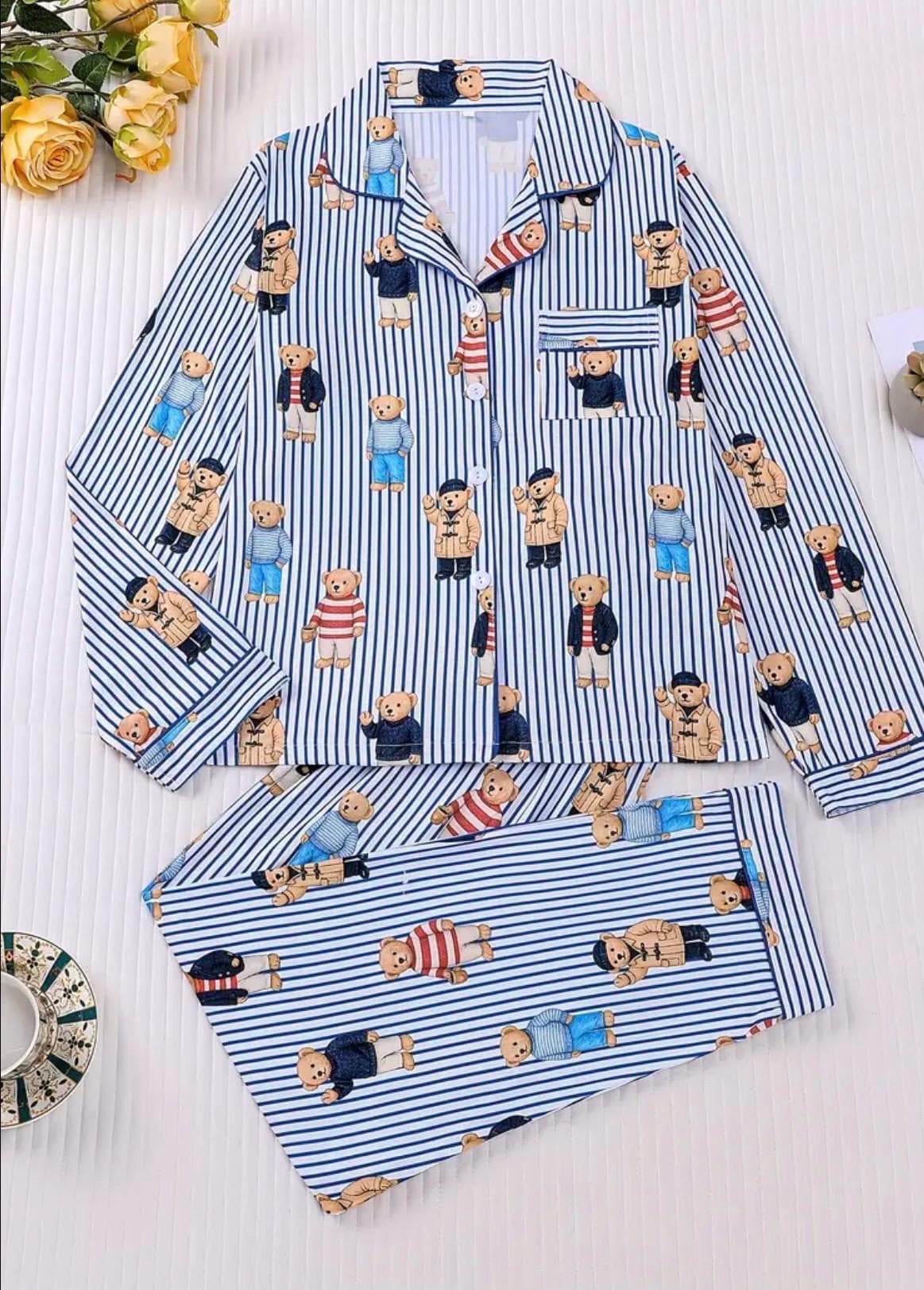 Discover Women's Bear Print Pajama Set with Button-Front Top and Pants