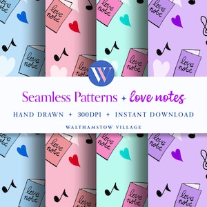 シームレスなデジタル パターン コレクション - バレンタイン ラブ ノート、POD で使用するためにすぐにダウンロードできます。