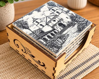 California Mission Series Ceramic Bar Coasters – Laser Engraved Tile Set (Set of 6)