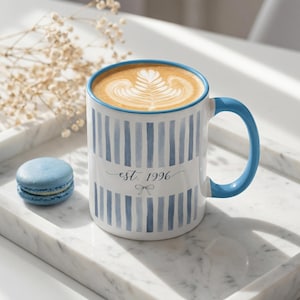 30th Birthday Gift for Her, EST 1996 Blue Stripe Bow Mug, Born in 1996 Accent Ceramic Cup, Milestone Birthday Gift for Women